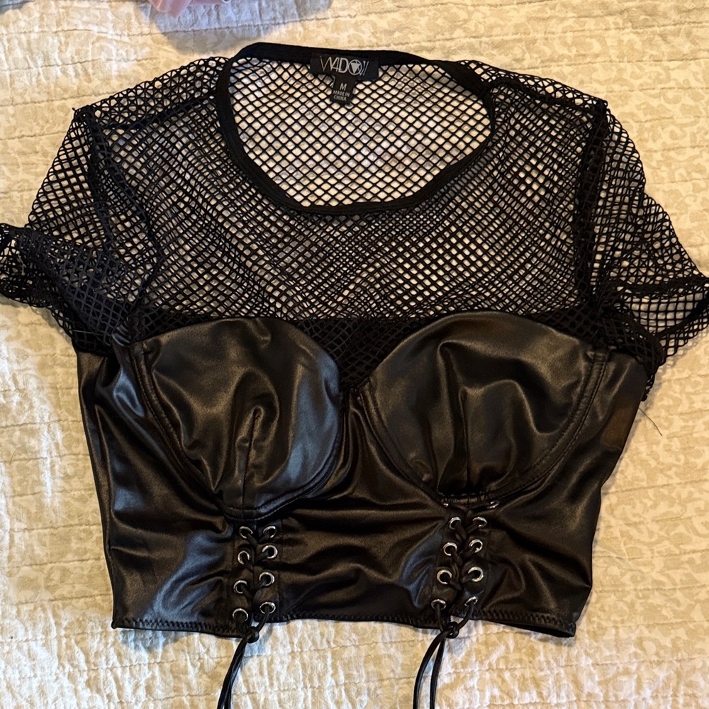 Dolls Kill Black Mesh and Faux Leather Crop Top